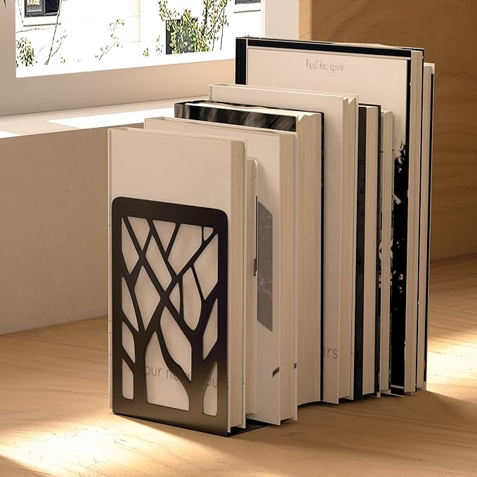 MaxGear Book Ends Tree Design Modern Bookends for Shelves, Non-Skid Bookend, Heavy Duty Metal Book Stopper for Books/CDs, Decorative Book Shelf for Home, 7 x 4.7 x 3.5”, Black (4 Pair/8 Pieces, Large)