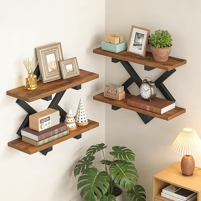 HOOBRO 15" Floating Shelves for Wall, Set of 2 Wall shelf, 2-Tier Hanging Shelves, Wall Mounted Storage Shelf, Display Rack, for Living Room Bedroom Kitchen Bathroom, Rustic Brown and Black BF14BJP201