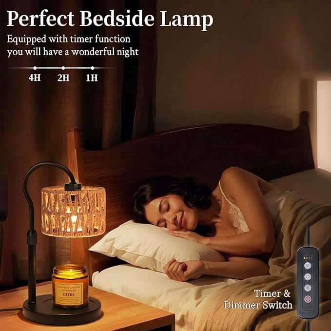 Candle Warmer Lamp,Adjustable Height with 2 Bulbs,Boho Rattan Candle Lamp with Dimmer & Timer, Flameless Fragrance Diffuser for Scented Wax Melts, Mothers Day and Birthday Gifts for Home, Office
