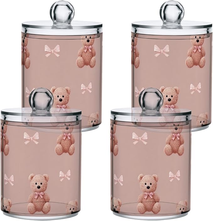 2 Pack Apothecary Jars Artistic Teddy Bear Bow Pattern Bathroom Vanity Storage Organizer Set,Small Clear Plastic Storage Jars Bathroom Canister for Cotton Swabs, Rounds, Balls, Qtips,Makeup Spo