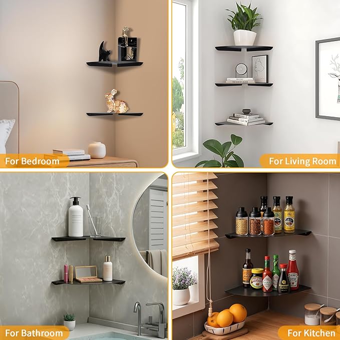 Small Corner Shelf, Floating Metal Corner Shelves,Corner withs Wire Hole for TV, Cable Box,Corner Wall Shelf for Bathroom, Bedroom, Kitchen, Livings Room, Study Room (Black, 1Pack 6 in)