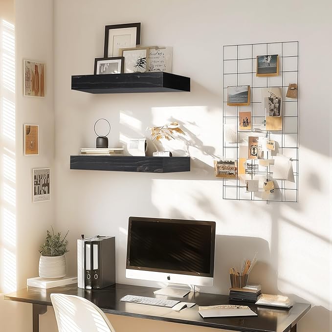 17x6.8x2 Inch Rustic Floating Shelves for Wall Set of 2 - Black Solid Wood Wall Mounted Shelves with Invisible Bracket, Compact Design for Farmhouse Living Room Bedroom Kitchen Decor