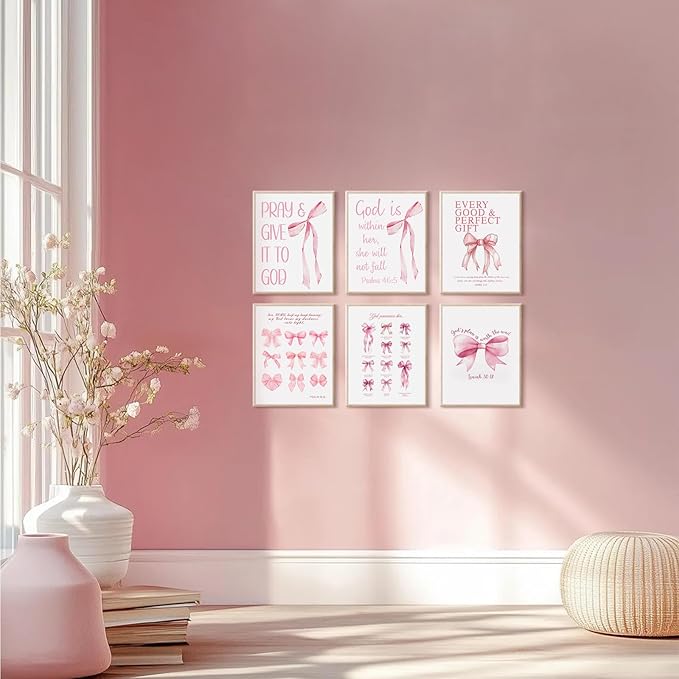 KBKBART Coquette Pink Bow Wall Art Decor Posters– Set of 6 Unframed 8x10 Prints, Inspirational Bible Verse Posters for Girls Room, Aesthetic Christian Decor for Bedroom, Bathroom, or Dorm