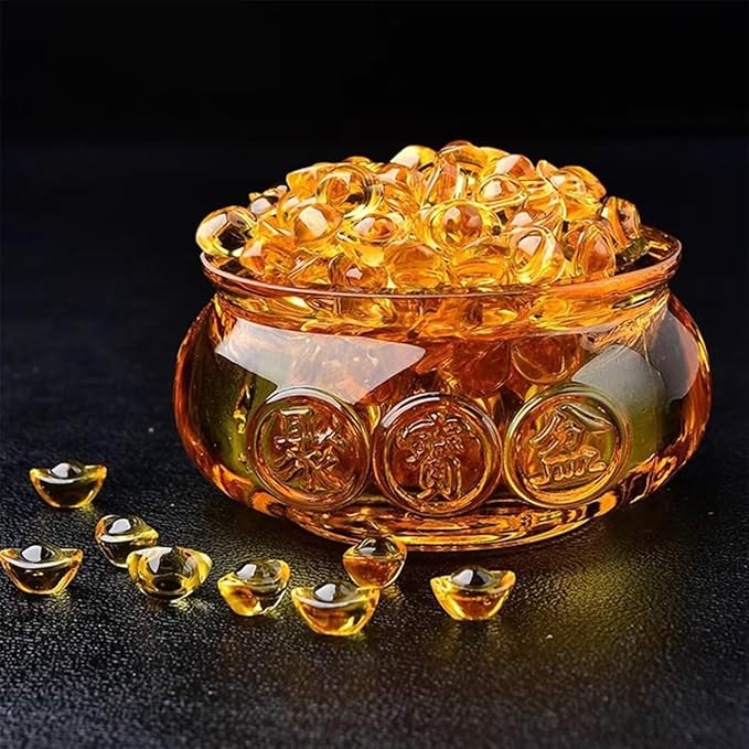 Golden Treasure Basin Feng Shui Money Toad and About 30 PCS Ingot Yuan Bao, 3in Crystal Glass Treasure Basin, 2in Lucky Golden Toad Ideal Adornment for Attracting Wealth, Office Home Decor (with Box)