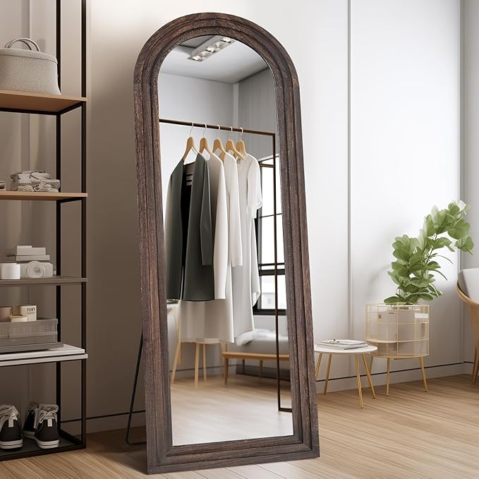 65"x22" Arched Floor Mirror, Solid Wood Full Length Mirror - Free Standing & Wall Mounted - Elegant Design for Bedroom, Dressing Room, Hallway, Brown