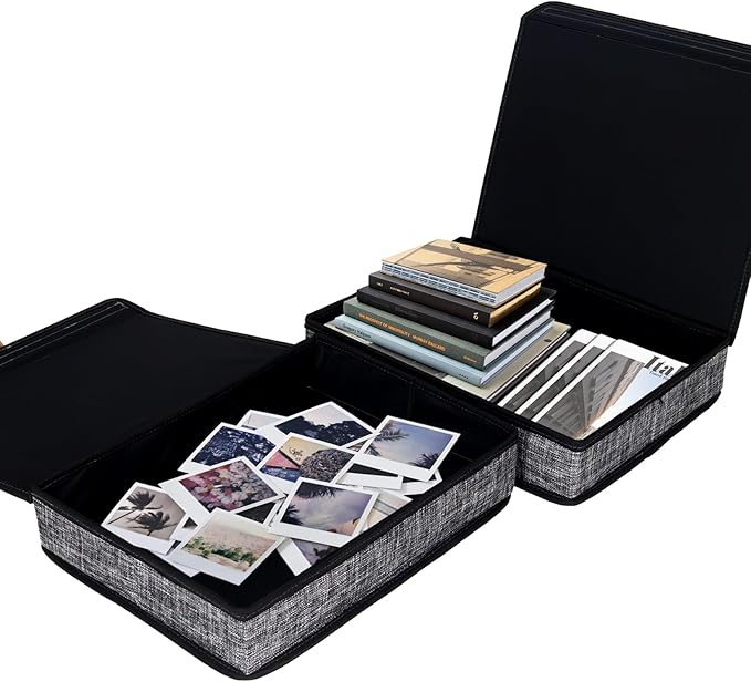 Photo Storage Boxes with Lids, Memory Box for Keepsakes, Picture Organizer Versatile Linen Containers Basket Collapsible Bin for Organizing Home Office, 2 Pack, 14x10.8x2.5 Inch, Black