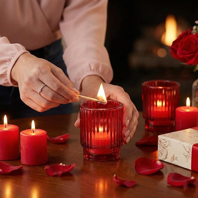 Kate Aspen Vintage Ribbed Red Glass Candle Holders Set of 6 - Votive & Tealight Candle Holder Decor for Holiday Table Decor, Christmas Dining Tablescape, Fall & Boho Home Accents (27206RD)