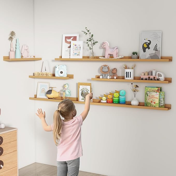 Picture Ledge Shelf, Floating Shelves Set of 2, 36 Inches Nursery Book Shelves for Toys Storage, Kids Bookshelf Wall Mounted for Living Room Bedroom Decor Books Photo Frames, Natural Oak