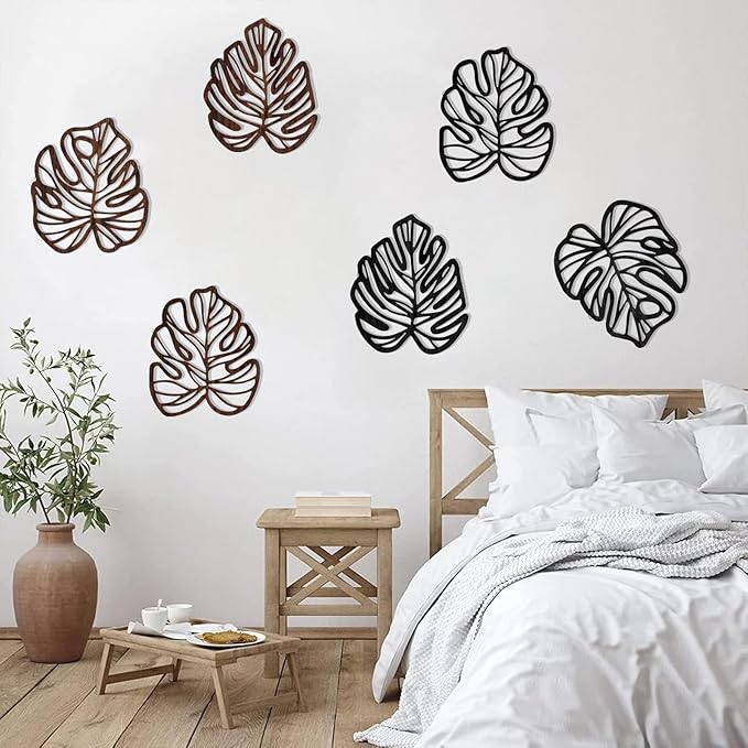 Palm Leaves Wood Wall Decor , 3Pcs Tropical Wall Art Jungle Decor, Wooden Natural Leaves Plant Wall Decor, Vintage Tropical Plant Plaque for Home Living Room Kitchen Bedroom Bathroom & Garden, Black