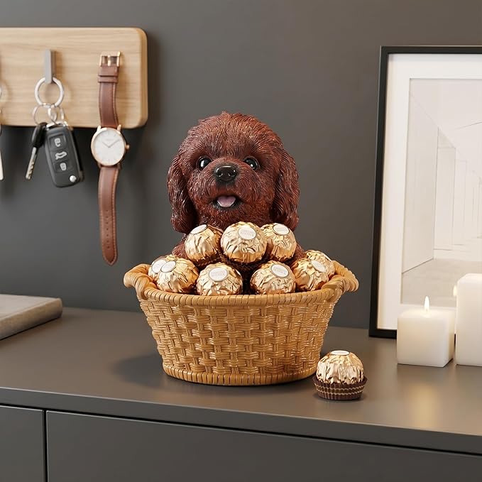 Dog Resin Storage Basket, Desktop Organizer for Remote & Keys, Cute Home Decor Tray, Ideal present for Pet Lovers.(Brown Poodle)