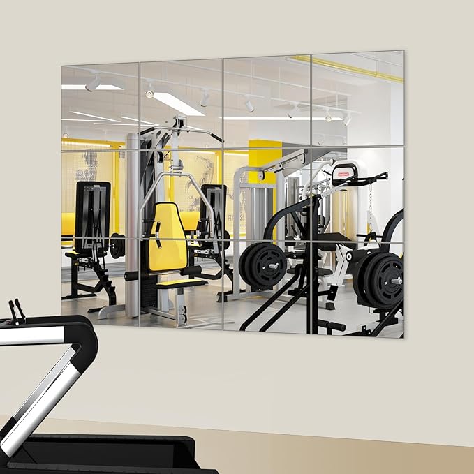 JAMBALAY Home Gym Mirrors for Gym, 12Pcs 12″×12″ Square HD Glass Full Length Wall Mirror Tiles, Self Adhesive Frameless Wall Mirror for Bedroom, Living Room, Over The Door