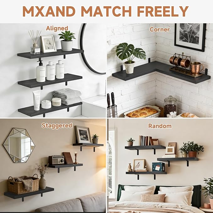 Easy Install Floating Shelves, 15.7 Inch Wall Mounted Wood Shelf,Hanging Shelf for Home Decor, Books and Storage, Small Organizer for Bedroom, Bathroom, Kitchen, Set of 3, Black