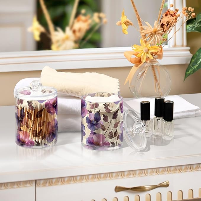ALAZA 2 Pack Qtip Holder Dispenser for Cotton Ball Purple Tulip Flower Beige Swab Cotton Round Pads Clear Plastic Acrylic Jar Set Bathroom Canister