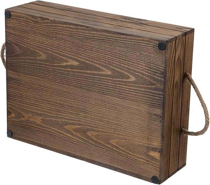 MyGift 15 Inch Large Rustic Brown Solid Wood Decorative Storage Box with Rope Carrying Handles, Country Style Wooden Crate, Farmhouse Pallet Design Open Top Bin