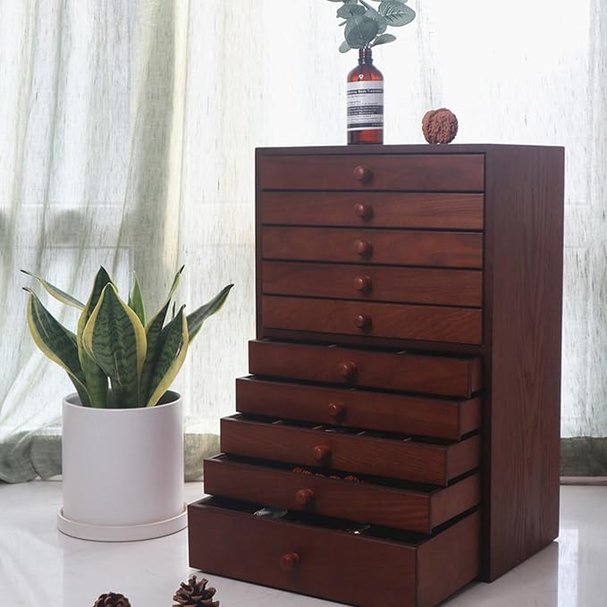 10-Layer Wooden Jewelry Storage Box, Retro Makeup Organizer, Large-Capacity Multi-Layer Jewelry Chest, Elegant Vintage Design for Jewelry and Accessories