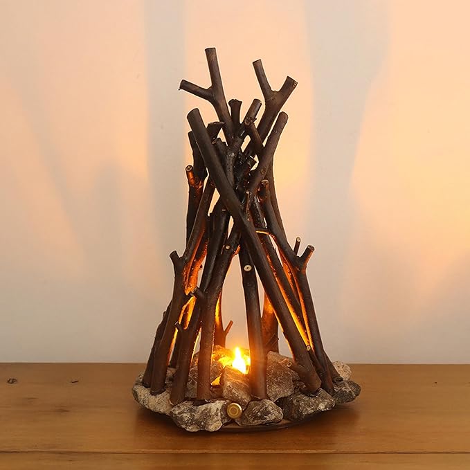 LED Night Light Wooden Campfire LED Dimmable Lamp with 3 Lighting Modes & Flame Sound, USB Powered Kids Nightlight & Desk Lamp for Bedroom, Office, and Relaxation, L
