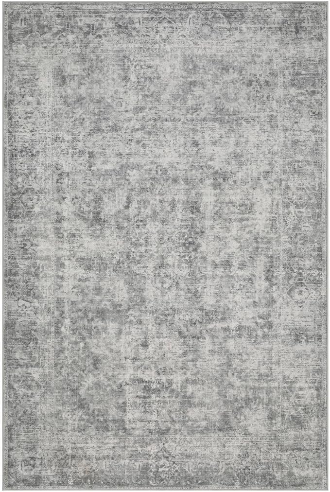 Rugxara 5x7 Area Rugs for Living Room Bedroom, Grey Washable Rug, Neutral Abstract Boho Rug, Non Slip & Low Pile Faux Wool Carpet for Indoor Dining Room and Farmhouse(Grey 5x7ft)
