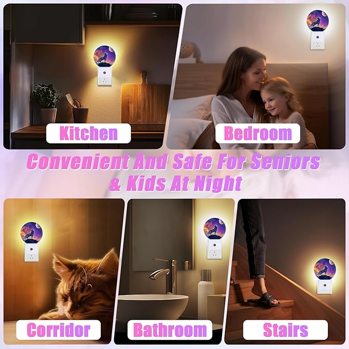 Wolf Night Light Full Moon Night Lights LED Lamp Round Plug into Wall Nightlight with Dusk to Dawn Sensor Home Hallway Stairway Kitchen Decor