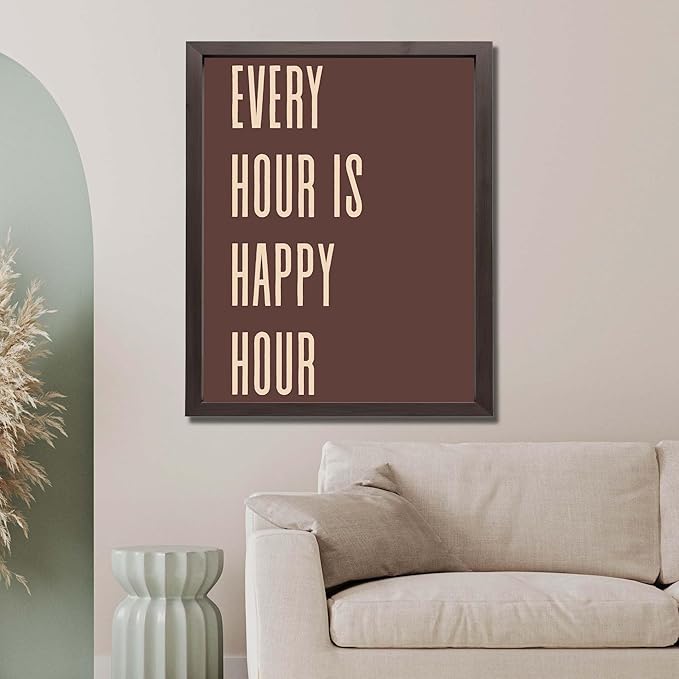 InkFlow Posters Every Hour Happy Hour Poster - Retro Typography Quote Art - Warm Brown Minimal Design - Kitchen Bar Wall Decor Accent - Modern Home Print - 16x20 Unframed Canvas Print