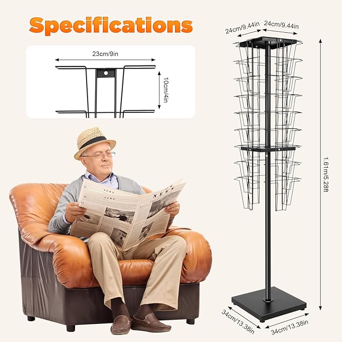 360°Rotating Shelf, 36 Pockets Metal Rotated Organizer Stand Magazine Rack 36 Pocket Rotating Magazine Rack 132.3lbs Load Capacity for Display In Offices, Audiovisual Stores, schools