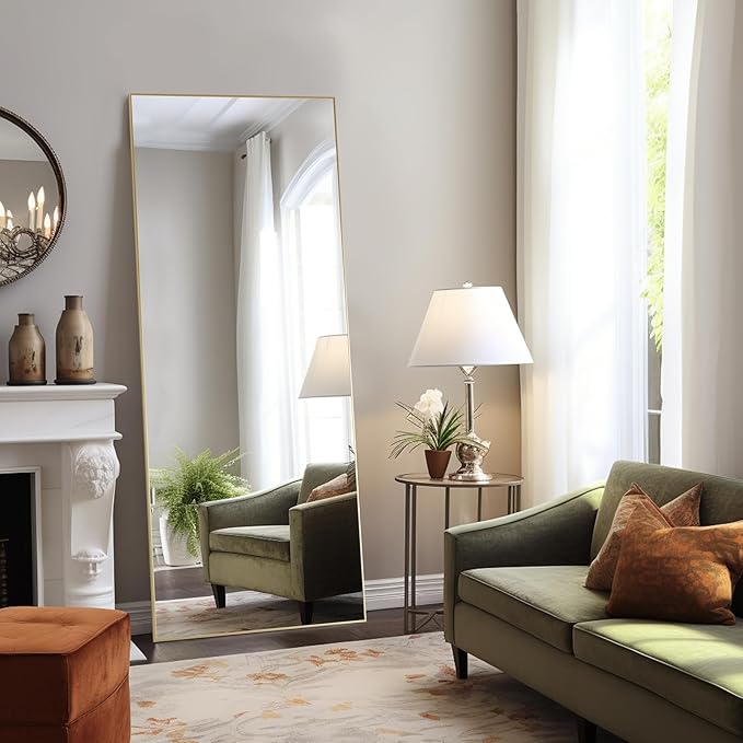 Mirror Full Length, Upgraded Body Wall Mirrors with Shatter-Proof Glass, Floor Standing, Hanging or Leaning, Tall Mirror with Stand Aluminum Alloy Frame for Bedroom