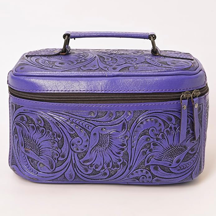 American Darling Western Hand Tooled Leather Jewelry Case | Handcrafted Travel Makeup Bag with Handle and Divided Interior