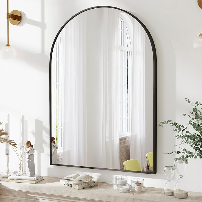 SCWF-GZ 36x24 Arch Mirror Rectangle Full Length Wall Mounted Hanging or Against Wall Metal Aluminium Alloy Frame Dressing Make-up Mirrors for Entryway Bedroom Bathroom Living Room 36 24 inch Black
