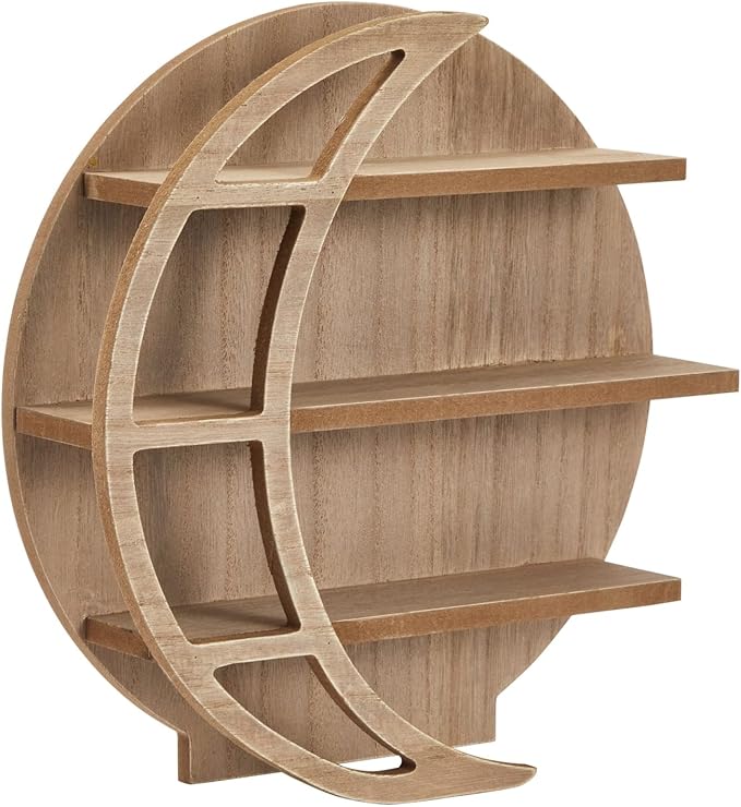 Farmlyn Creek Wooden Crescent Moon Shelf - Rock Shelf & Wall Holder for Stones - Essential Oil Display & Crystal Organizer - Free-Standing Rack - Rustic Brown, 12 x 12 x 3 in