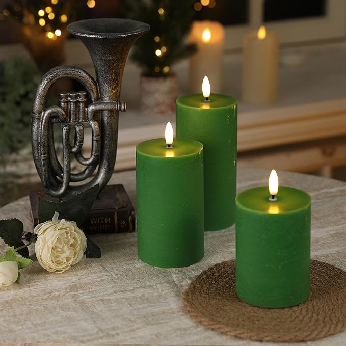 LUSHARBOR LUSHABOR Green Flameless Candles, Battery Operated Candles for St. Patrickโs Day, Real Wax LED Fake Candles for Spring Decor Party Centerpiece Green Set of 3