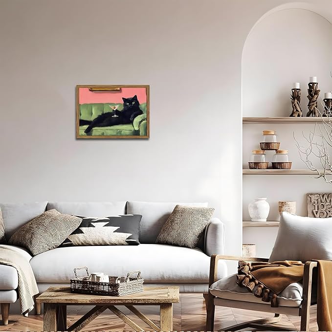 Funny Black Cat Martini Wall Art, Bar Cart Decor, Eclectic Cocktail Painting Canvas Print, Cute Animal Artwork Picture for Bedroom Living Room Kitchen 12x16 inch Wood Framed