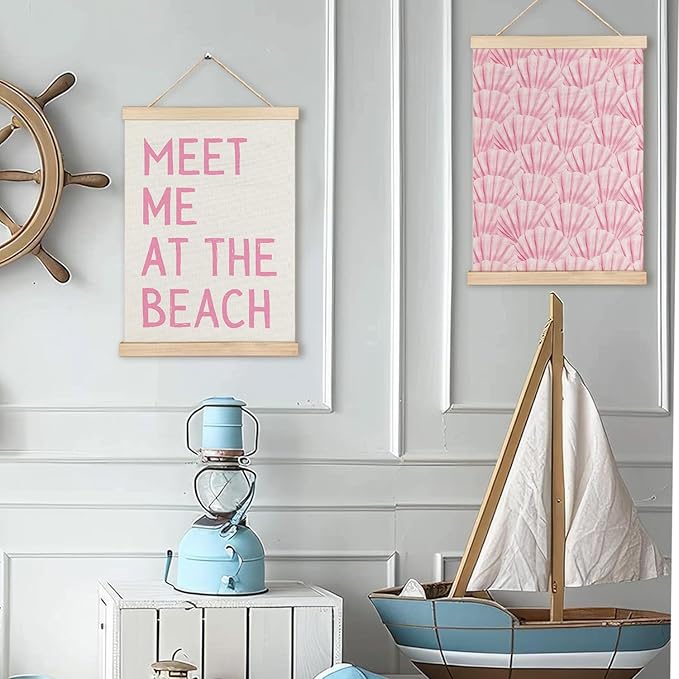 RYYCDOI Pink Cowgirl Beach Room Decor Set of 2, Aesthetic Seashell Wall Decor, Blue Beach Decor for Teen Girls Room, 12x16 Inches