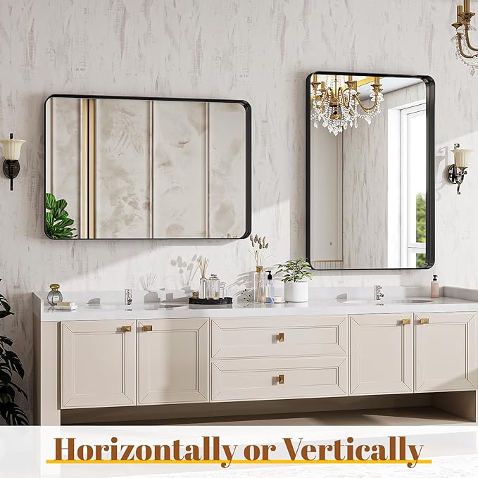 Bathroom Mirrors for Over Sink 24 x 32 Inch Rounded Rectangle Bathroom Vanity Mirror Bathroom Mirror for Wall Hangs Horizontally or Vertically for Living Room Bedroom Entryway Black
