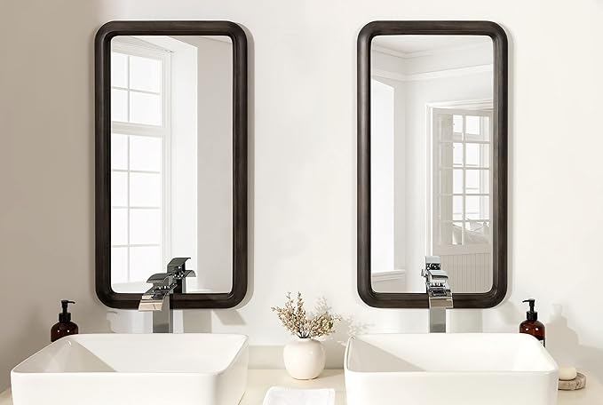 Kate and Laurel Pao Modern Rounded Rectangular Wall Mirror; 17 x 32; Gray; Decorative Industrial Tall Wood Mirror with Radius Corners for Vertical or Horizontal Display