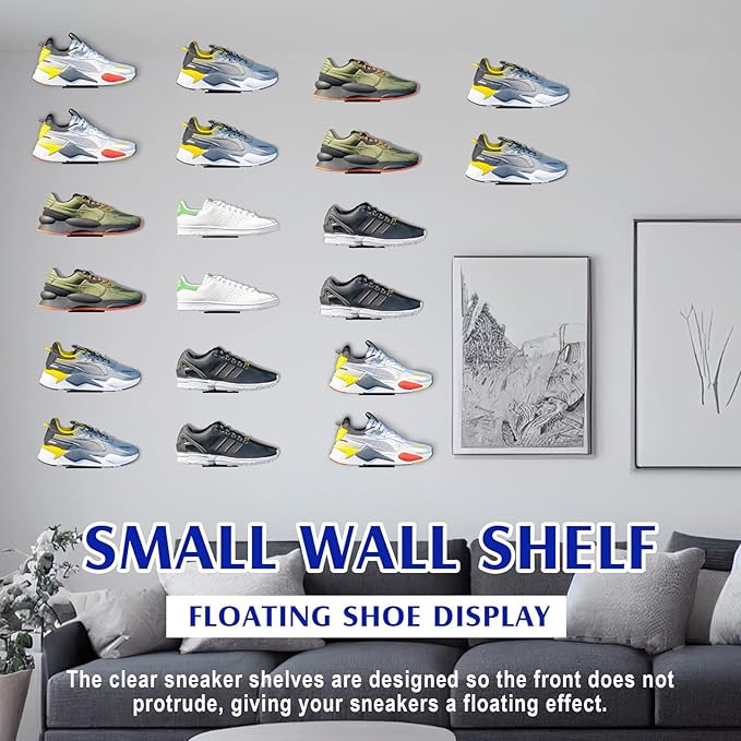 Treela 30 Pack Floating Shoe Display Shelf for Closet Acrylic Clear Shoe Wall Shelf Wall Mounted Easy to Install Sneaker Shelves for Collections, Includes Cross Screws, Expansion Tubes (Rectangular)