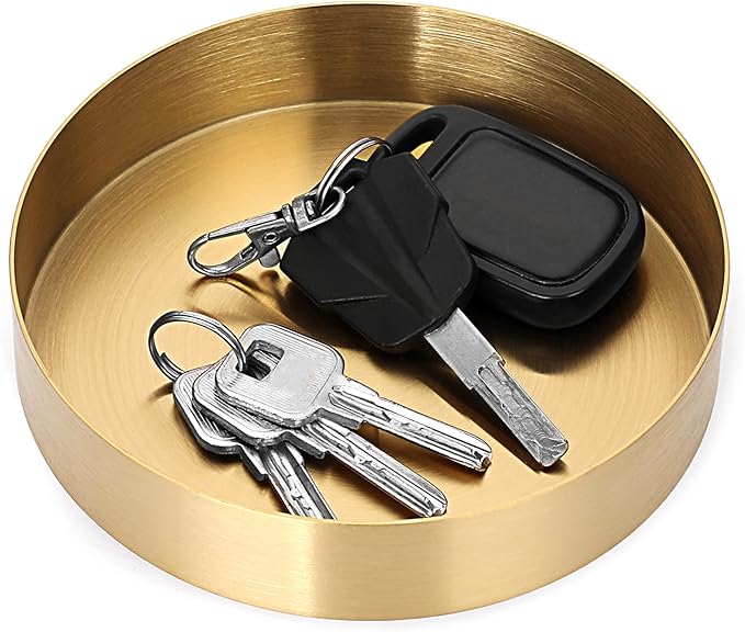 Hipiwe Small Key Bowl for Entryway Table, 5.5" Round Gold Stainless Steel Tray Vintage Jewelry Dish Metal Decorative Tray Makeup Organizer for Key Vanity Perfume Trinket Candle Plate