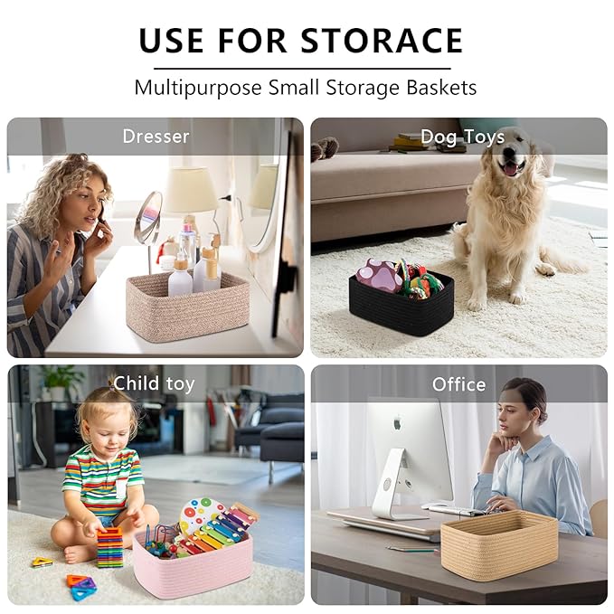 OIASKET 4 Pack Small Storage Shelf Baskets for Organizing, Mini Woven Rope Storage Bins for Towels, Cute Decorative Closet Organizer,Baby Nursery, Gift Empty Baskets -11.81''Lx7.87''Wx4.72''H-Pink