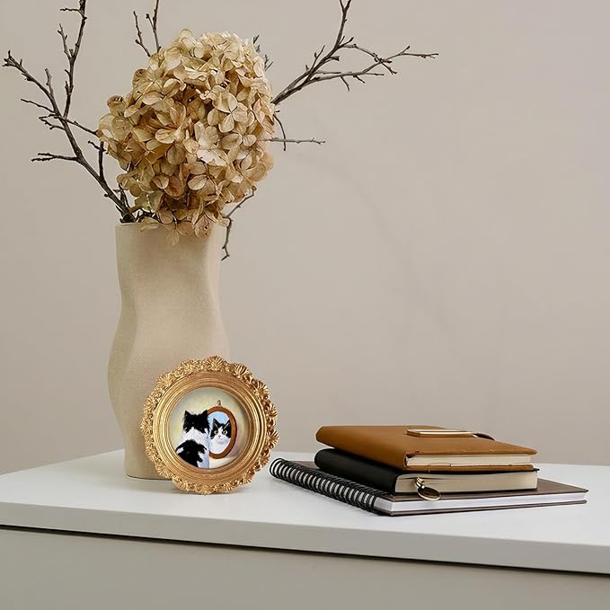 Small Funny Cat Mirror Round Picture Frame Wall Decor, Black White Cat Gold Mini Ornate Photo Frame for TableTop Desk 2.7in Photo, Whimsical Vintage Framed Artwork for Walls Office Bedroom