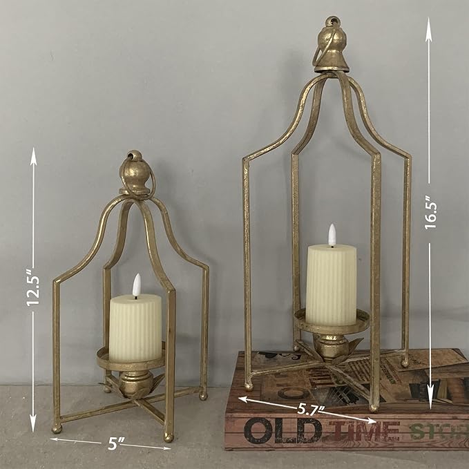 12.5" & 16.5" Timeless Cozy Decorative Lanterns Set of 2, Handcrafted Metal Iron Candle Holders, Farmhouse Elegance Fireplace Mantel Table Festive Gatherings Decor (Antique Gold)