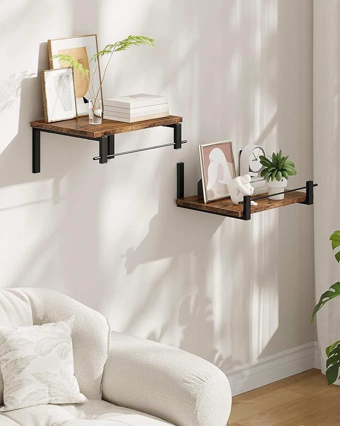CHOEZON Deep Floating Shelves for Wall, 12 inch Wall Mounted Shelves Set of 2, Wide Floating Shelves for Living Room, Bedroom, Study, Bathroom, Rustic Brown and Black TBJ02P2BF