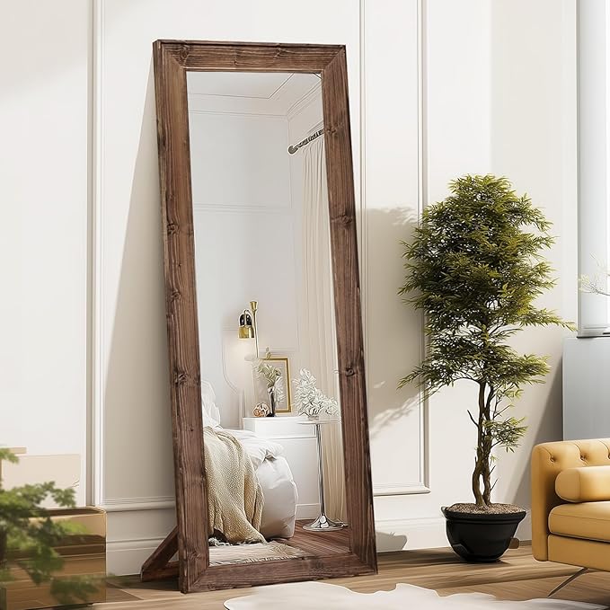 Full Length Mirror 65"x22" - Beveled Edge Rustic Brown Dressing Mirror, Solid Wood Frame, Wall Mounted or Standing for Bedroom, Entryway, Living Room