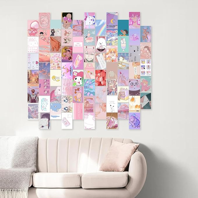 KBKBART Anime Aesthetic Wall Collage Kit, 70pcs Kawaii Room Decor, Pink Cartoon Assembled Print Card Set, Anime Photo Wall Collage Posters for Room Aesthetic, Cute Danish Pastel Wall Art 4x6 for