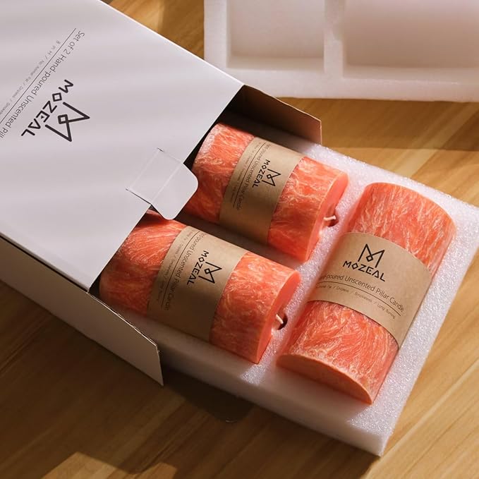 MOZEAL Hand-Poured, Unscented Orange Crystal Pillar Decorative Candles, Elegant Set of 3 in Different Sizes (3"x4", 3"x5", 3"x6"), Luxurious Décor for Fall Homes & Events