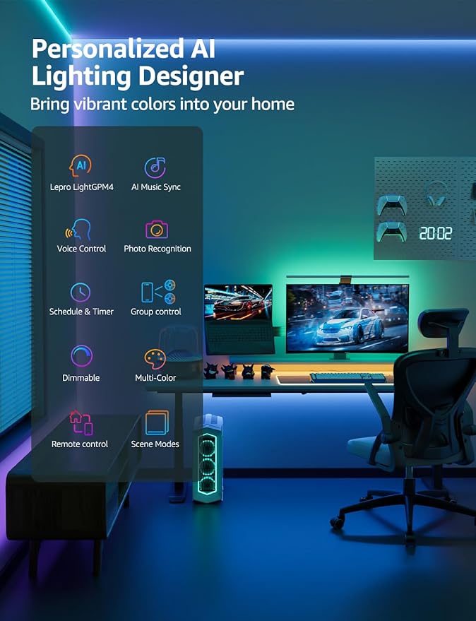 Lepro SE1 AI Smart LED Strip Lights - 16.4ft RGB Color Changing Light Strips with APP Control, AI Generated Lighting, Music Sync, 2.4GHz Wi-Fi & Bluetooth LED Lights for Home Decor (No Remote)