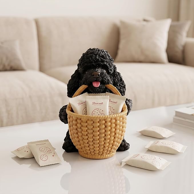 Dog Resin Storage Basket, Desktop Organizer for Remote & Keys, Cute Home Decor Tray, Ideal present for Pet Lovers.(Black Poodle Biting Basket)