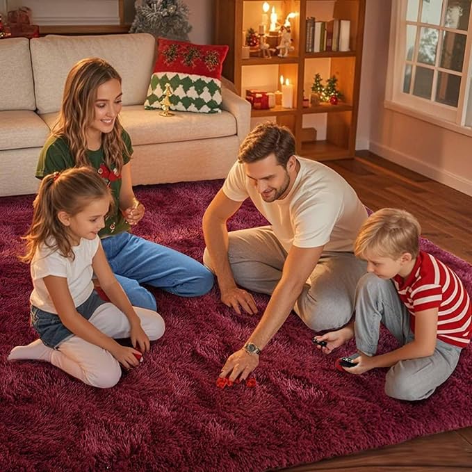 FinRèc 9x12 Feet Rugs for Living Room Bedroom, Red Fluffy Shag Area Rug, Non-Slip Plush Fuzzy Rugs for Nursery Kids Room Dorm Room Home Decor, Indoor Furry Floor Carpet