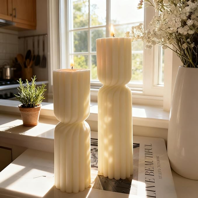 Set of 2 Ribbed Pillar Candles Handmade Soy Wax Scented Ribbed Candles,Hourglass Pillar Candle,Wax Elegant Bubble Natural Aesthetic Candle Housewarming Gift Home Room Shelf Decor Idea(White)