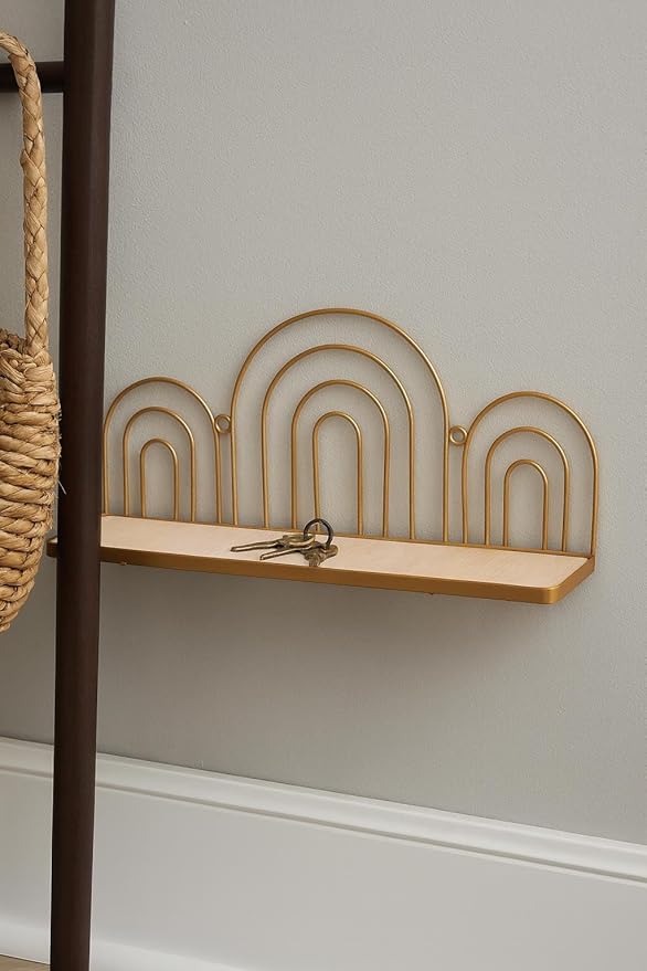 Urban Lifestyle Gold Iron Scallop Shelf, Modern Decorative Floating Wall Shelf with Wooden Base,Boho Arch Design Organizer for Living Room, Bedroom, or Office