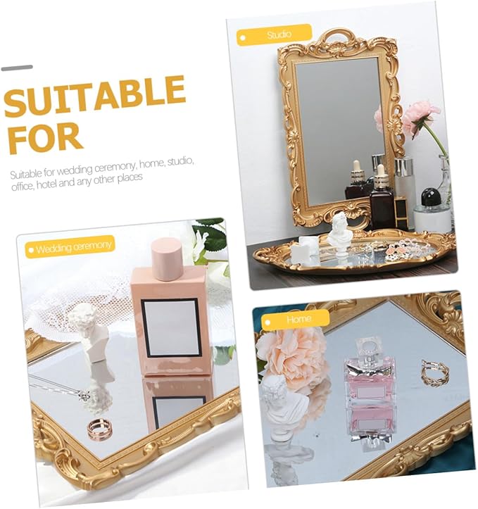 Beaupretty Vintage Mirror Tray Perfume Organizer Makeup Tray Decorative for Dresser Tops with Mirror Plate for Home Décor and Photo Prop