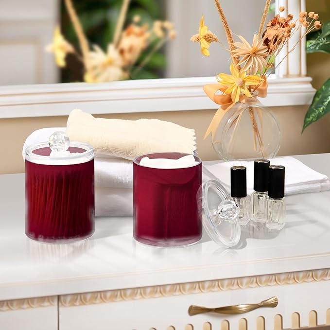 Burgundy Red Solid Color 2 Pack Qtip Holder Dispenser Clear Plastic Apothecary Jar with Lid Bathroom Organizer Vanity Makeup Storage Containers for Cotton Ball, Cotton Swab, Floss