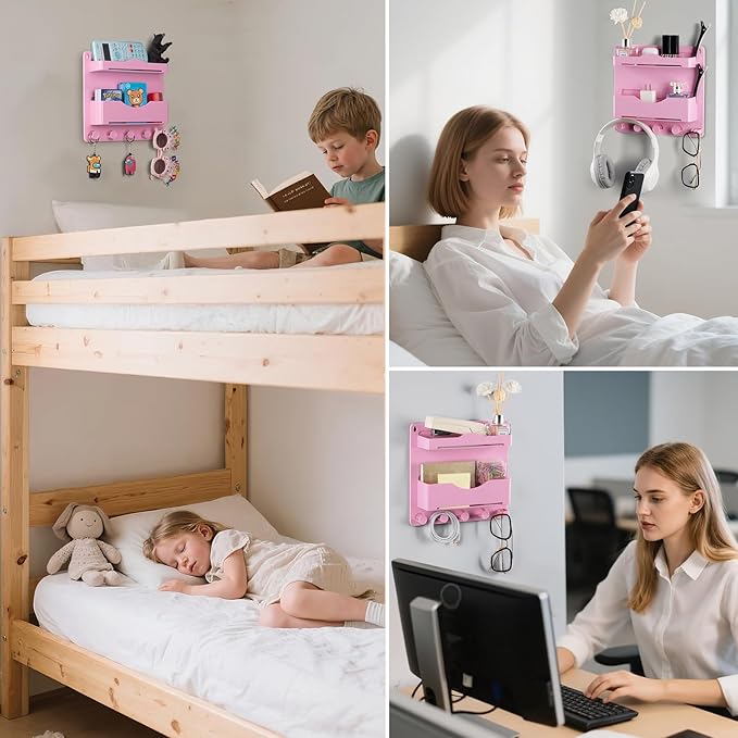 JUMEIHUI Pink Bedside Shelf Organizer - Wall Mount Phone Holder with Glasses Hook & 50 Motivational Stickers for Girls Bedroom Dorm Decor
